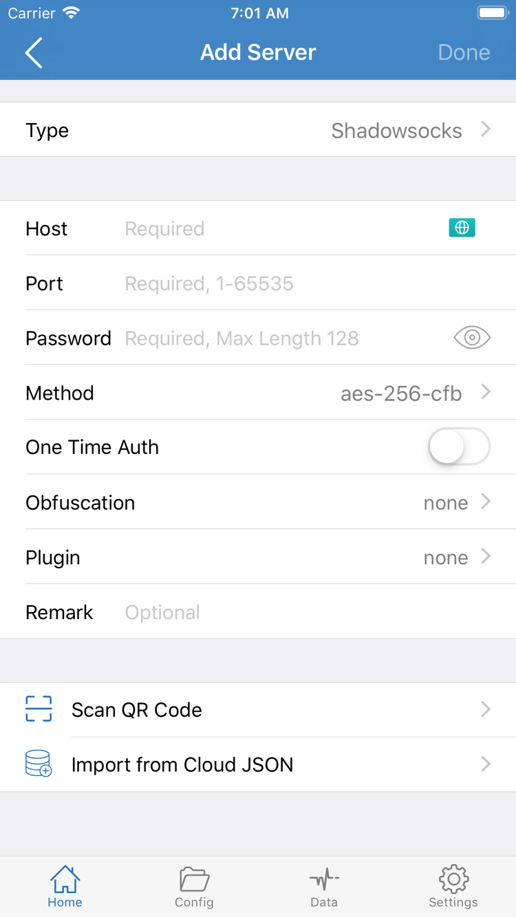 Shadowrocket의 Add Server 화면: Type, Host, Port, Password, Method와 Scan QR Code 및 Import from Cloud JSON