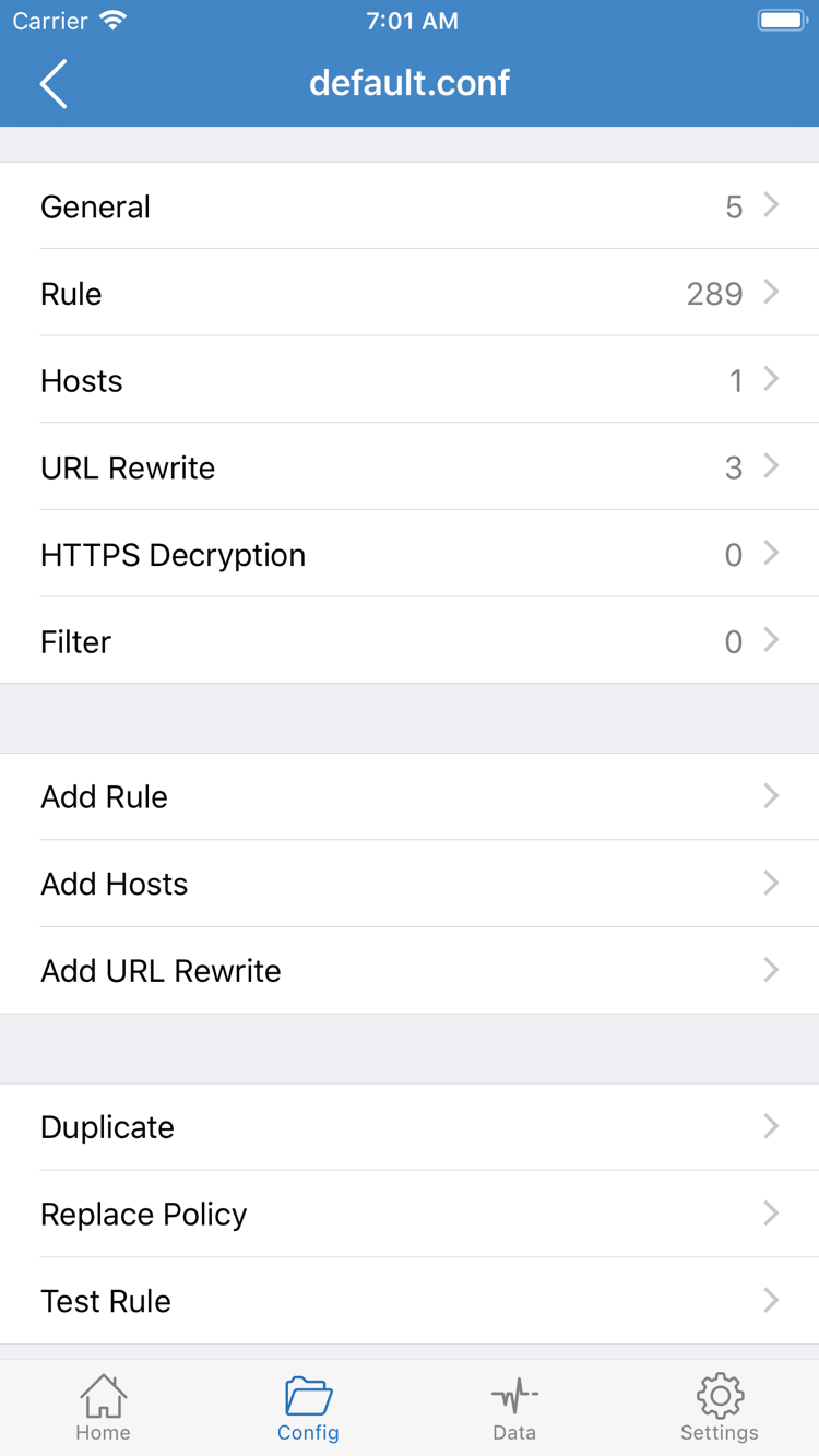 Shadowrocket의 Config 구성 편집 화면: General, Rule, Hosts, URL Rewrite, HTTPS Decryption 섹션과 Add Rule 표시