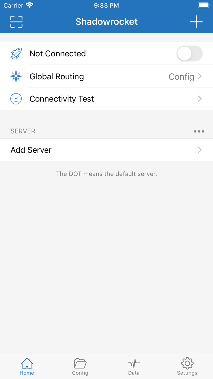 Shadowrocket의 Home 화면: 상단에 Not Connected 스위치, 아래에 Global Routing, Connectivity Test, SERVER 그룹 및 Add Server 표시