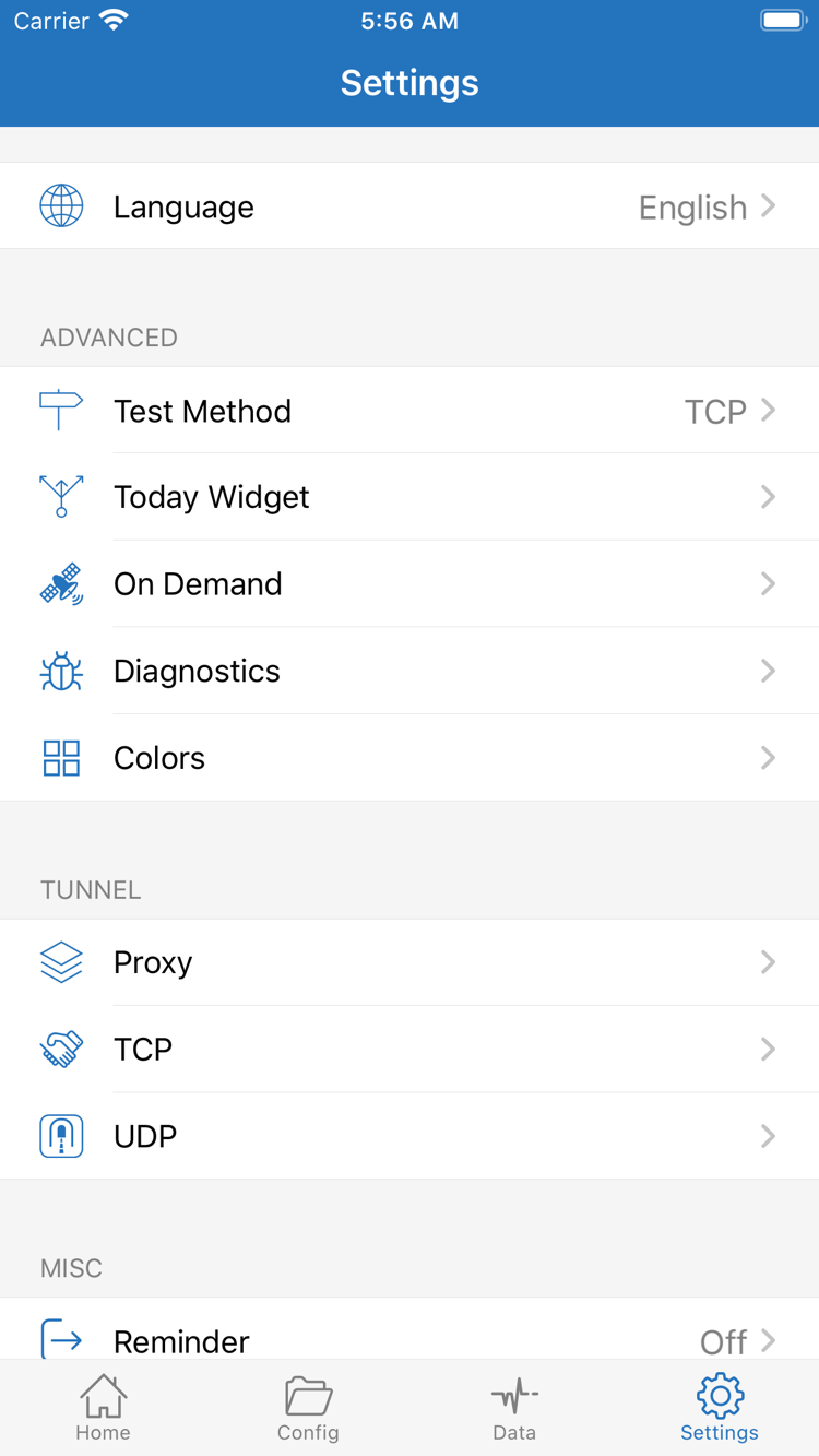 Shadowrocket의 Settings 화면: Language, Test Method, Today Widget, On Demand, Diagnostics, Proxy, TCP 및 UDP 표시